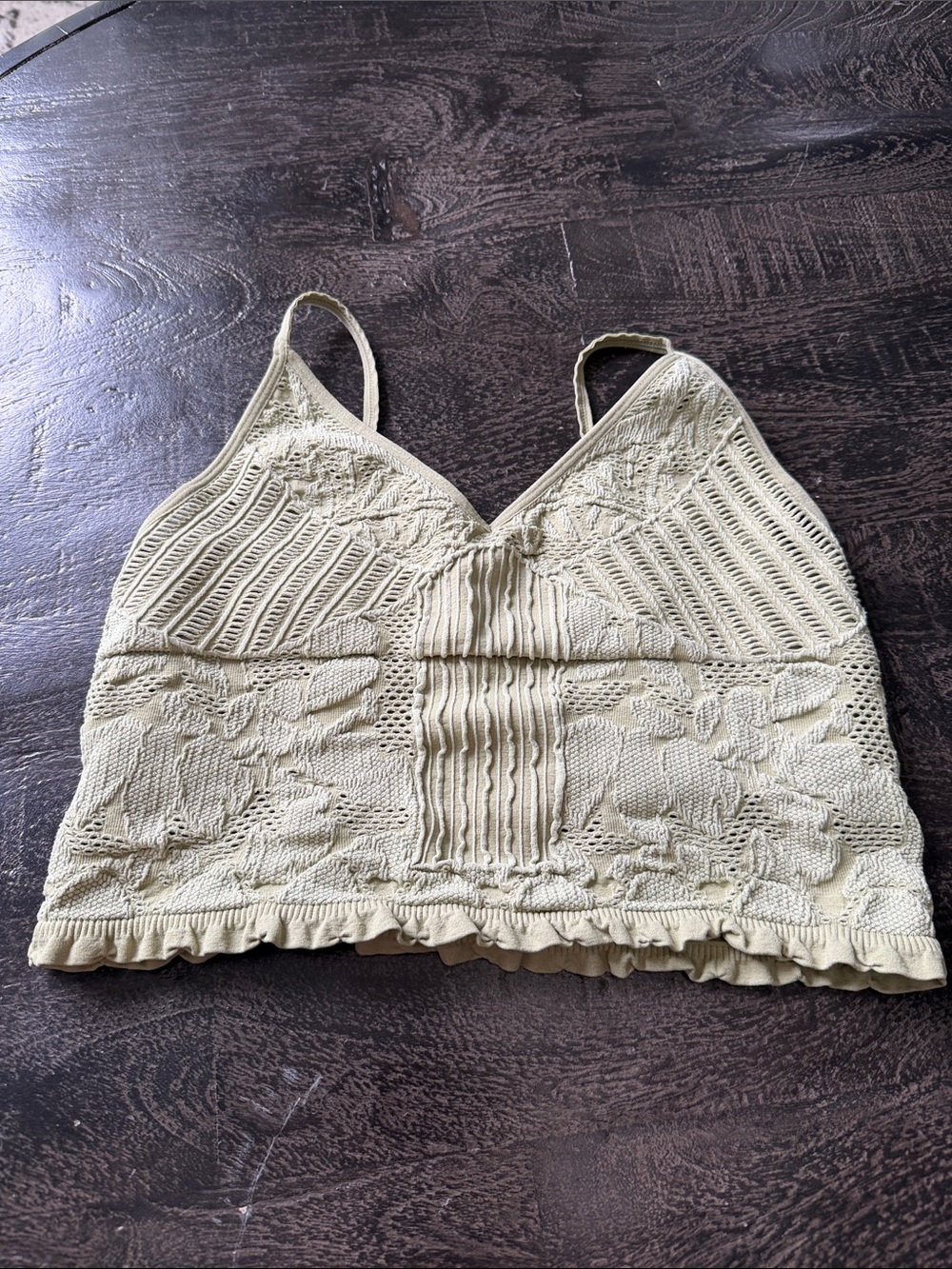Textured Green Crochet-Style Tank Top with Spaghetti Straps